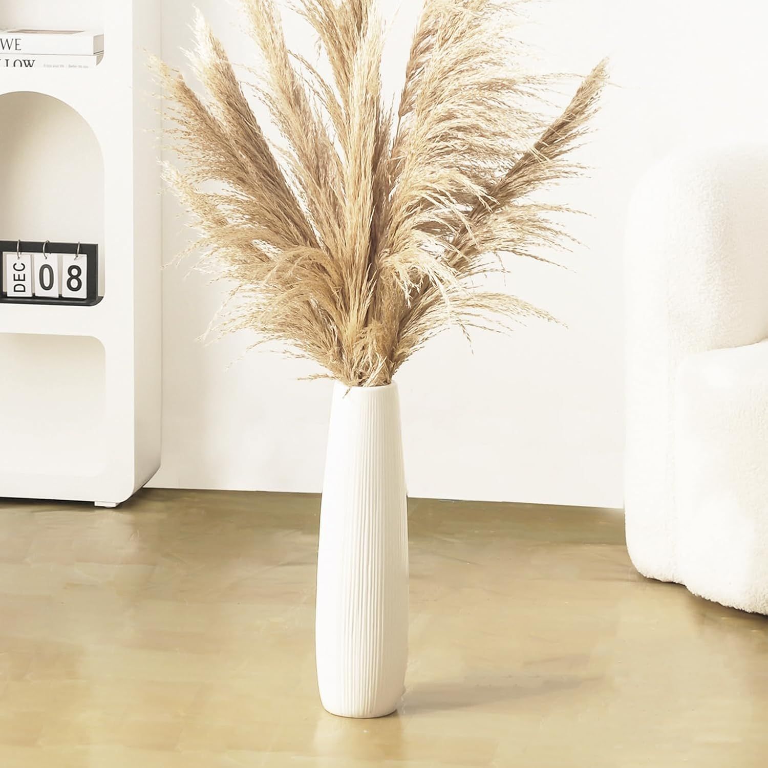 Modern 17.7-inch Tall White Ceramic Floor Vase for Home and Office Decor