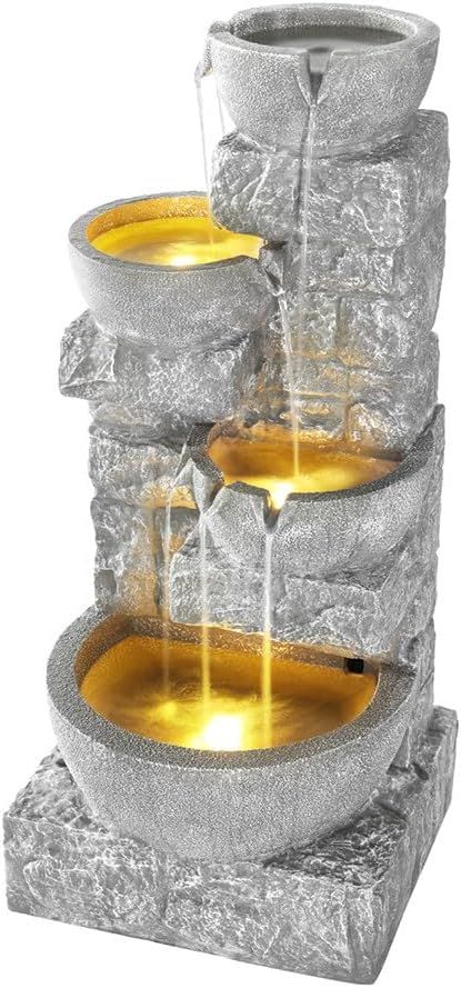 Gardeon 4-Tier Rock Stack Solar Fountain with LED Lights - Grey