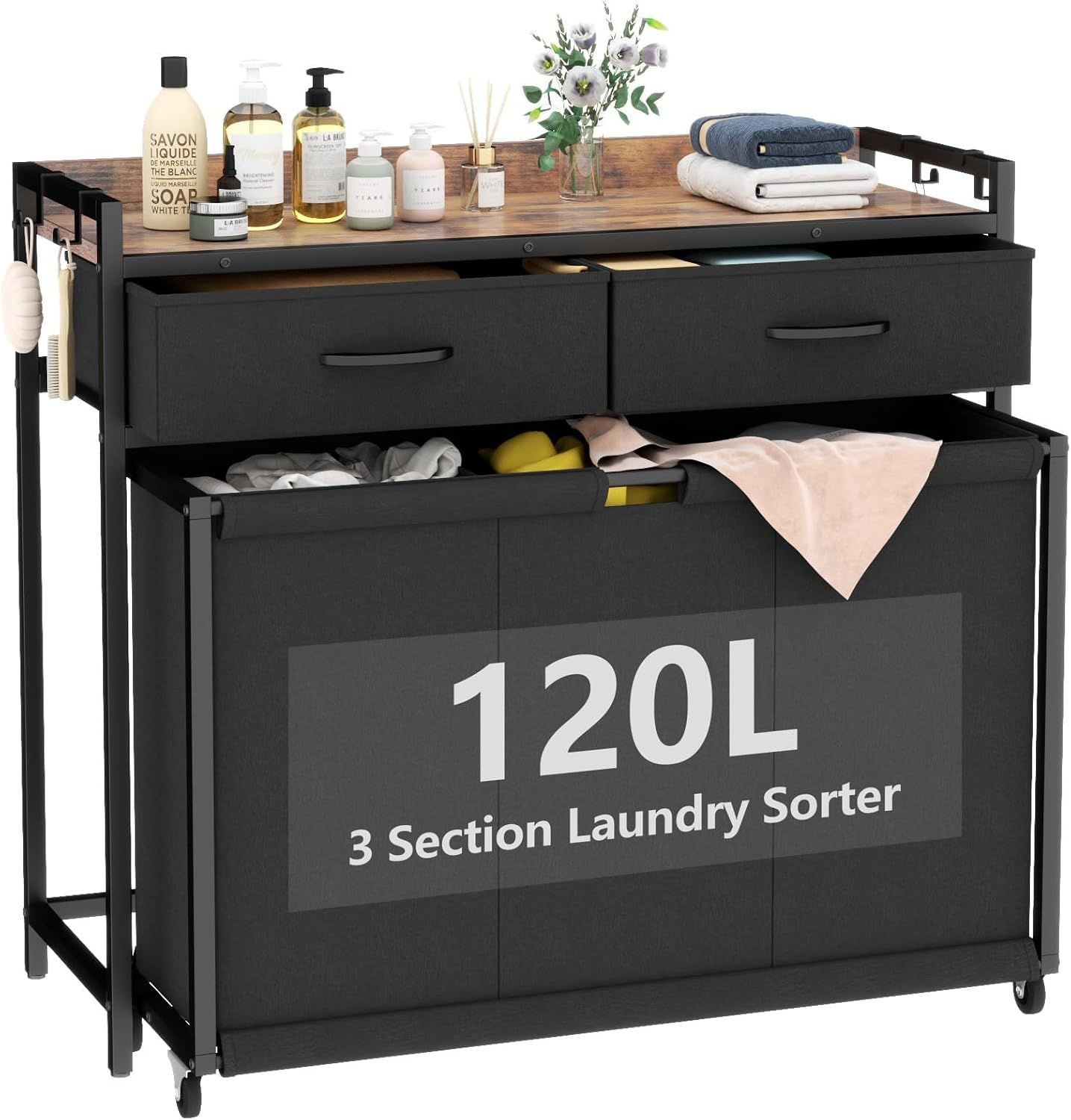 Kisfam 3-Section Laundry Sorter with Rolling Bags and Drawers for Home Use - Brown