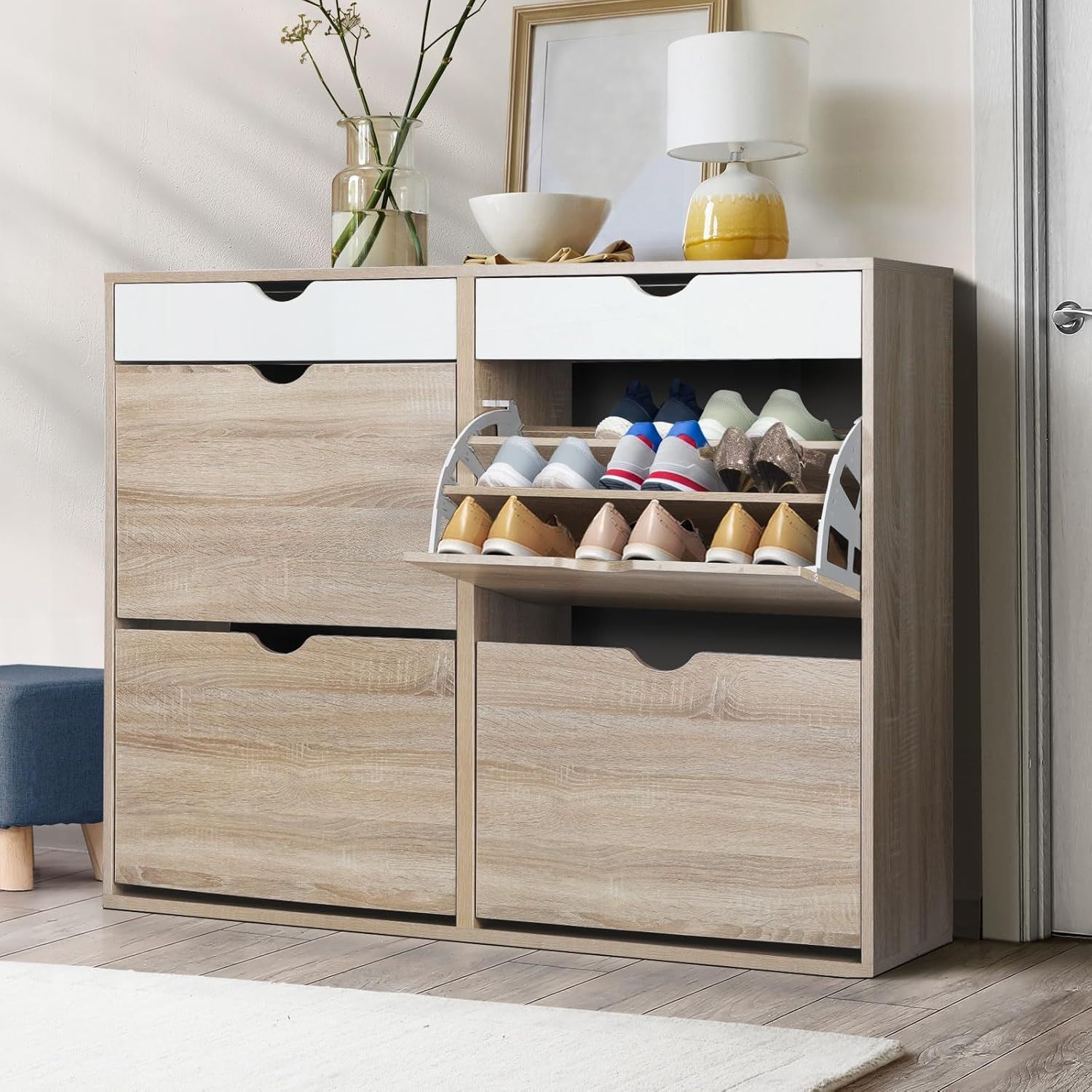 Oikiture Shoe Storage Cabinet with 4 Compartments and 2 Drawers for 36 Pairs