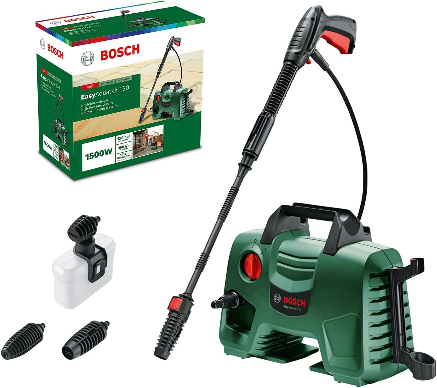 Bosch EasyAquatak 120 Electric High Pressure Washer, 1500W, 1740 PSI, 5m Hose with Adjustable Nozzles and Self-Priming Function