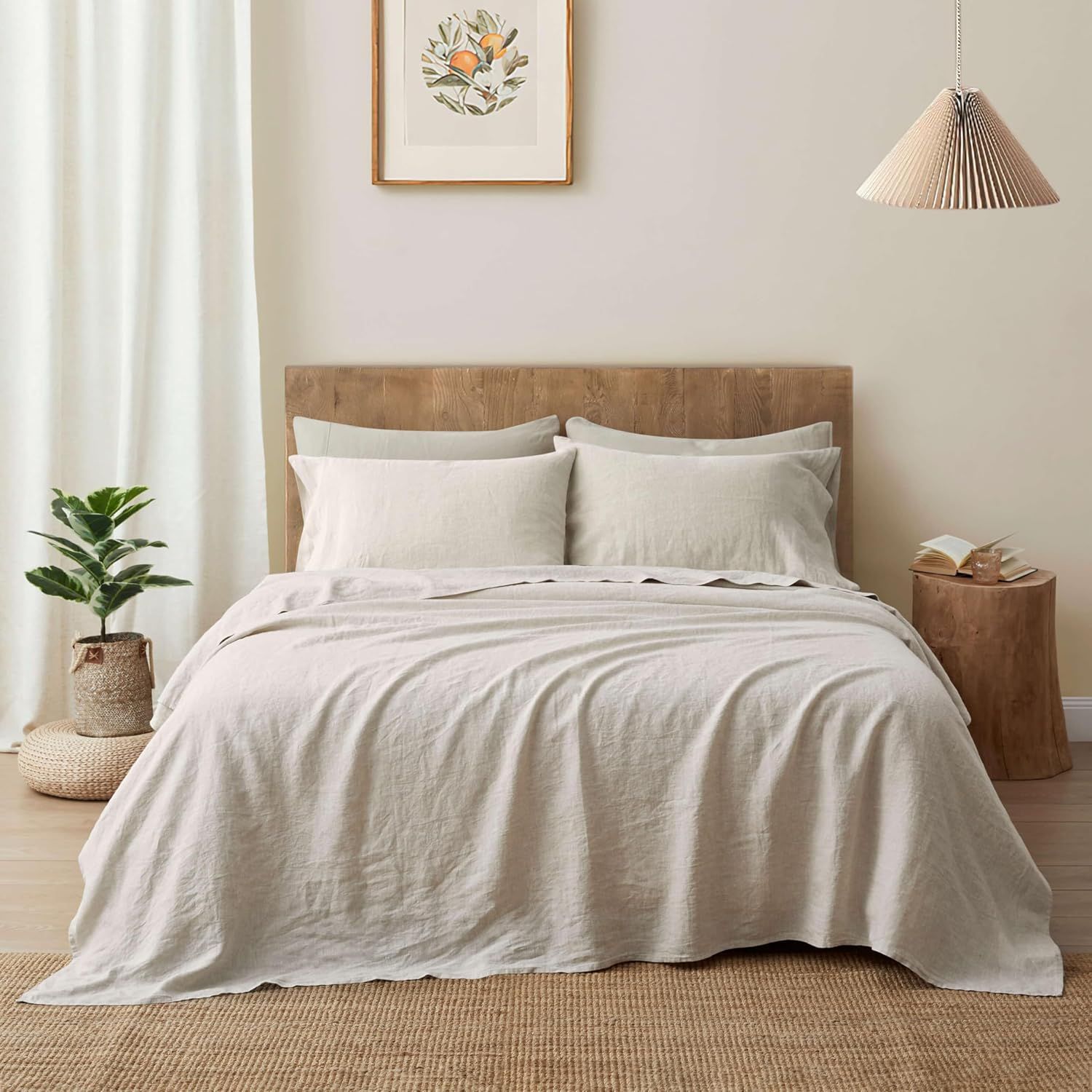ATLINIA Pure French Linen Bedding Set - Organic Boho Style with Deep Pocket Fitted & Flat Sheets, 2 Pillowcases (Natural, Queen)