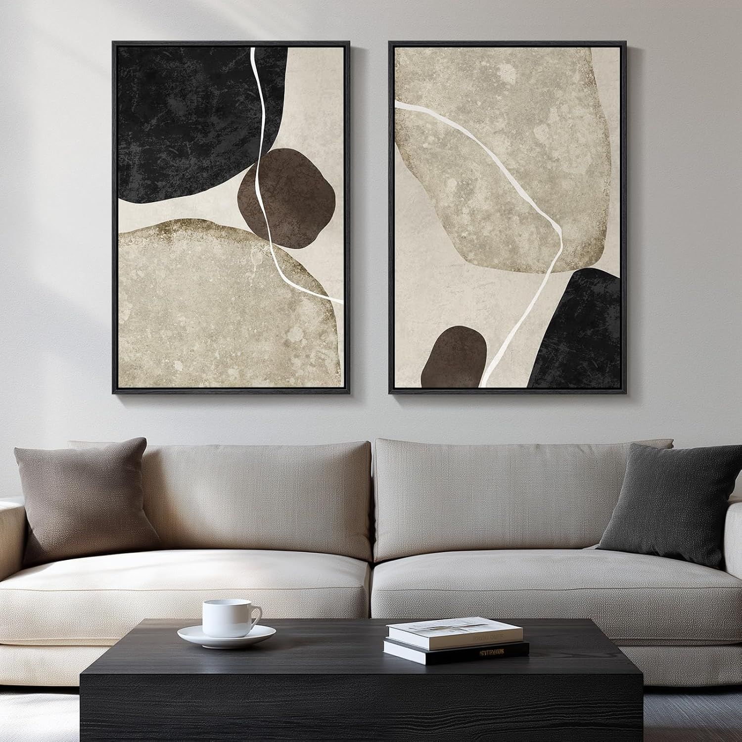 Set of 2 Neutral Abstract Wall Art, Black and Beige Canvas Prints, Modern Minimalist Decor for Living Room, Bedroom, or Dining Area, 24x36 Inches