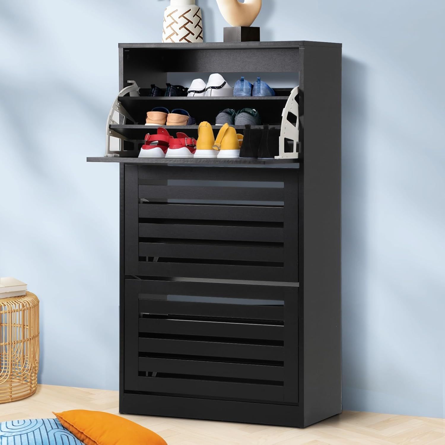 Oikiture Black Shoe Cabinet with 3 Flip Doors for Entryway