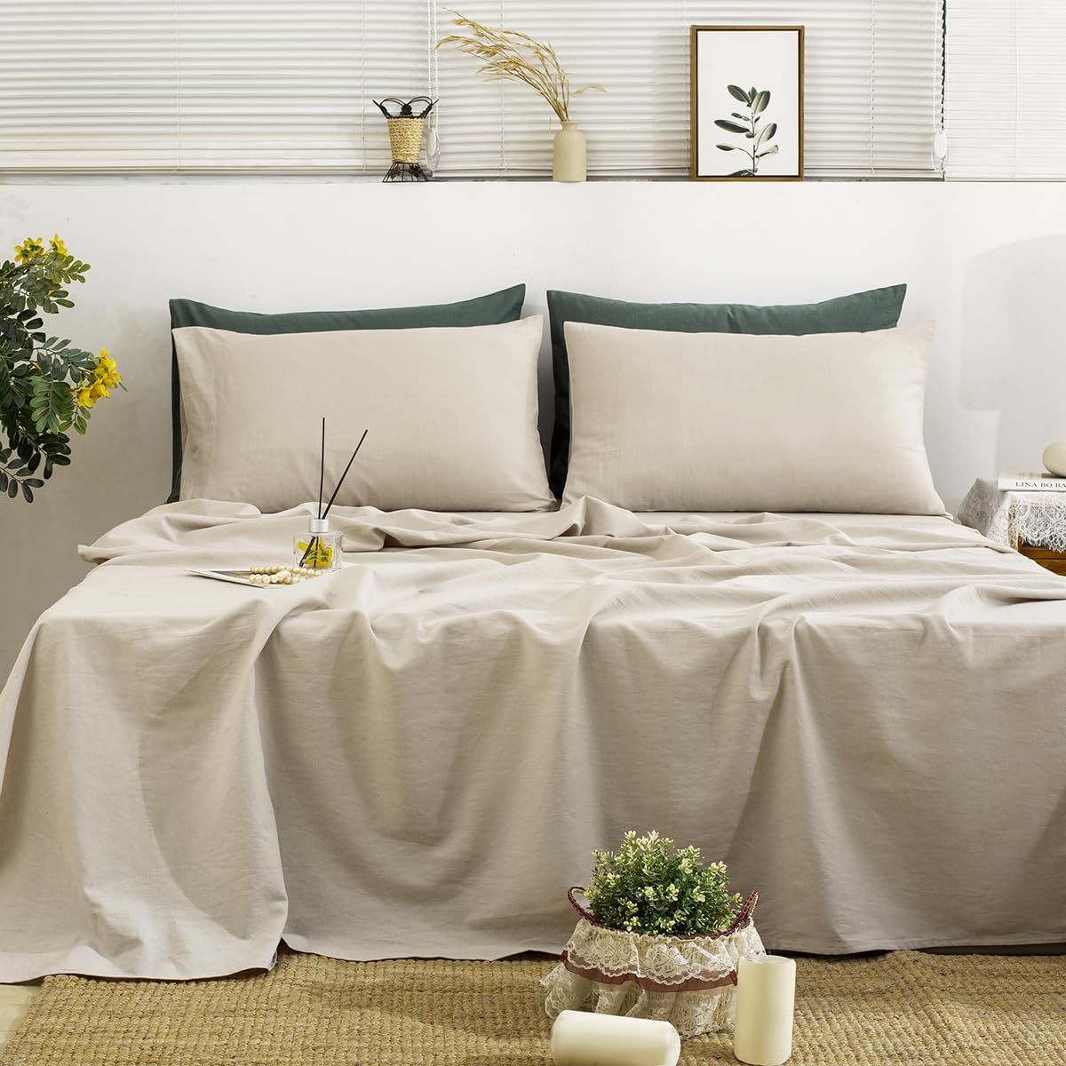 TUMEI Queen Size French Linen Bedding Set, 4-Piece, Natural Colour, Soft & Durable