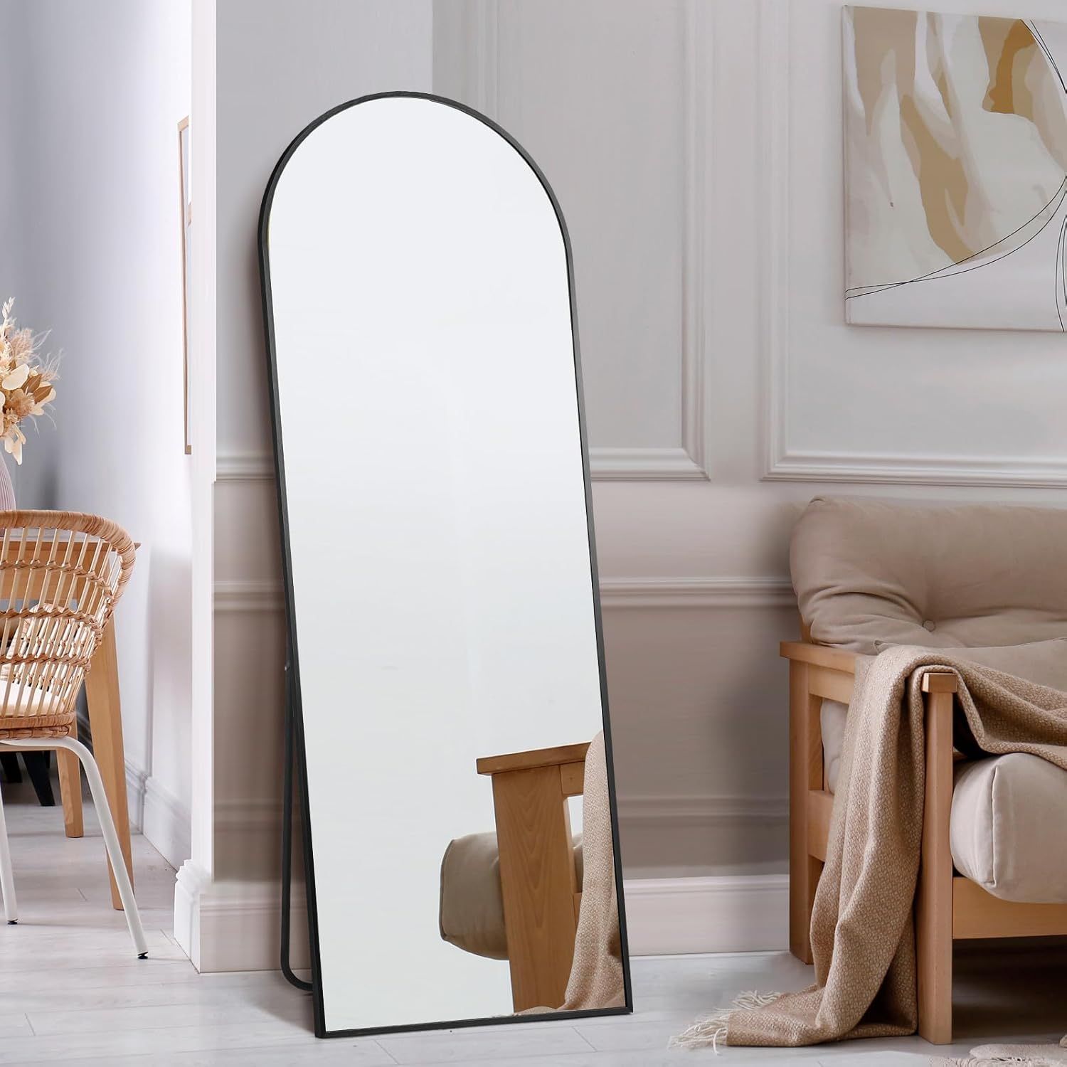 Oikiture Arch Floor Mirror 180 x 70cm with Black Frame for Home Decor