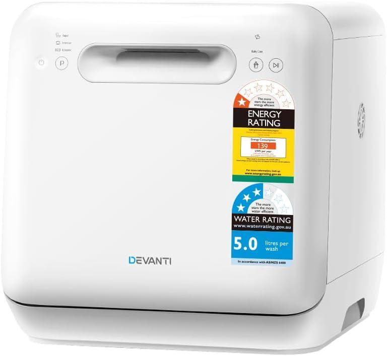 Devanti Compact Benchtop Dishwasher, 3 Place Settings, 4 Wash Programs, LED Display, White