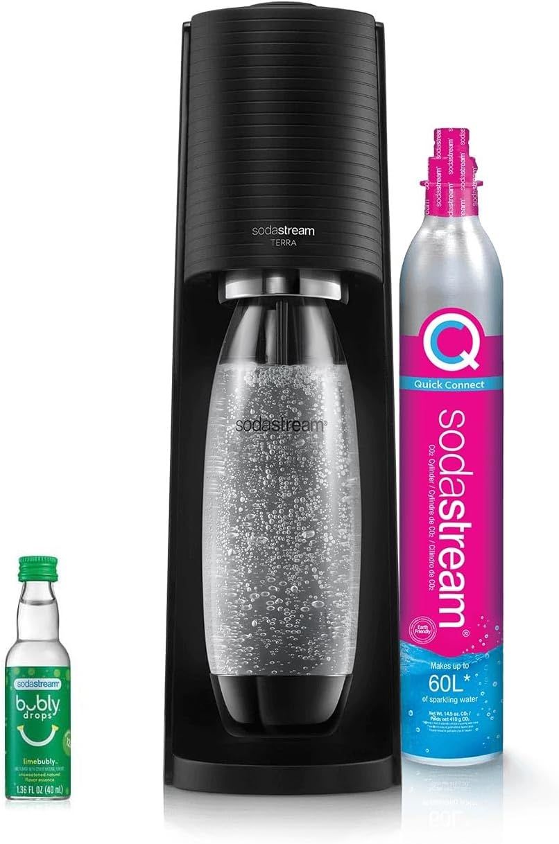 Sodastream TERRA Sparkling Water Maker with Lime Flavour, Quick Connect CO2, Eco-Friendly Bottle, Stylish Black Design