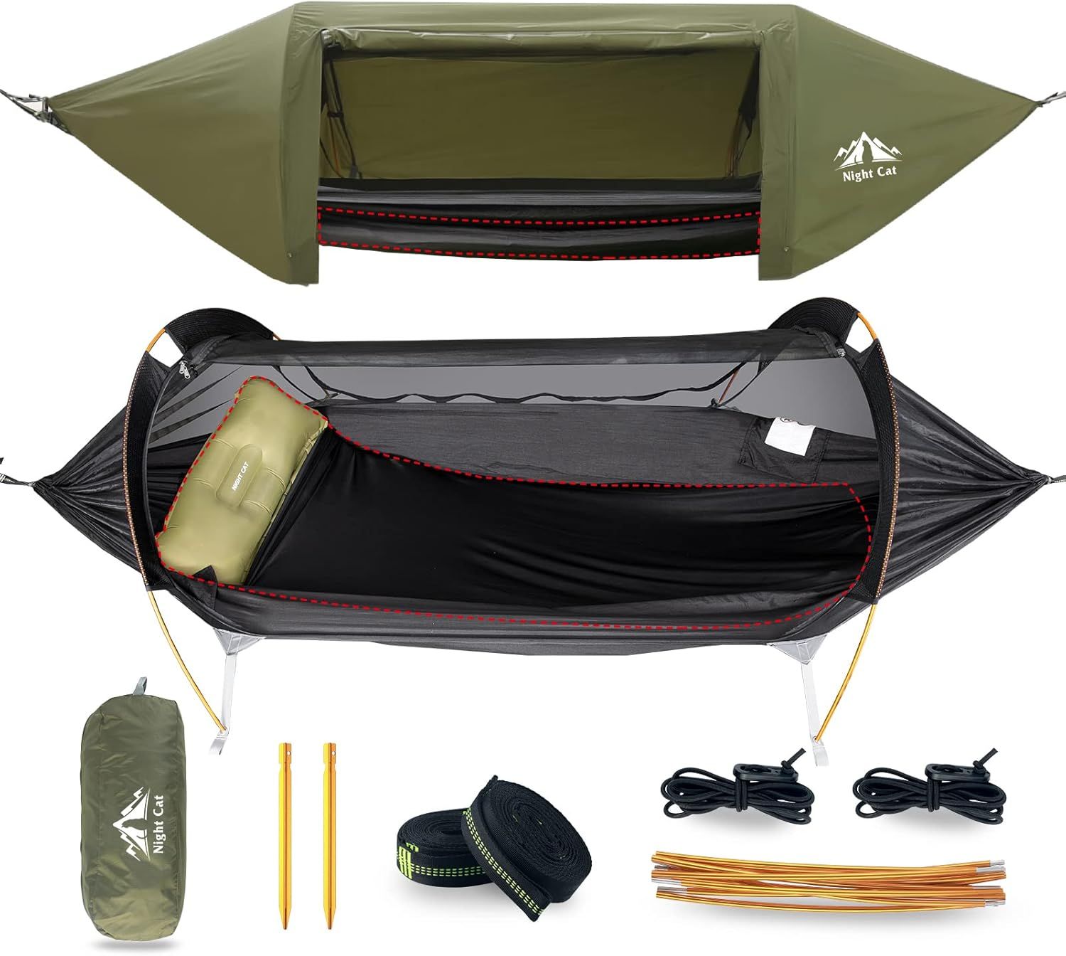 Night Cat 3-in-1 Hammock Tent with Bug Net & Rainfly - Lightweight, Waterproof, 1 Person Camping Tent