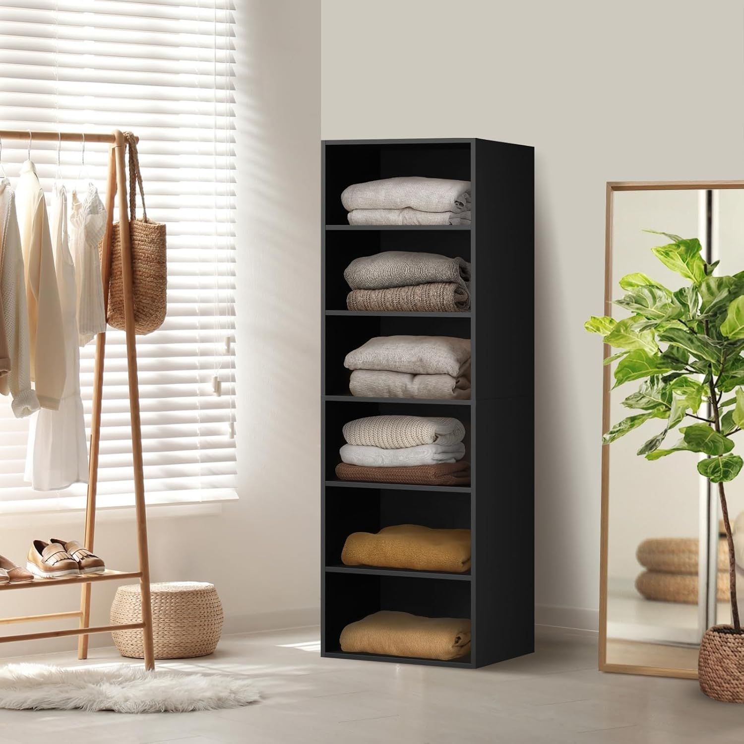 Oikiture Black Wardrobe with 6 Shelves for Clothes Storage - 50.5 x 40 x 159cm