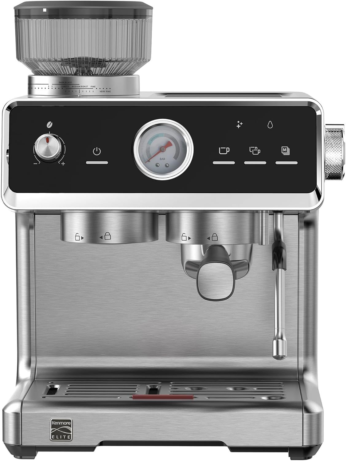 Kenmore Elite Espresso Machine with Grinder & Milk Frother | Italian ULKA Pump | Stainless Steel