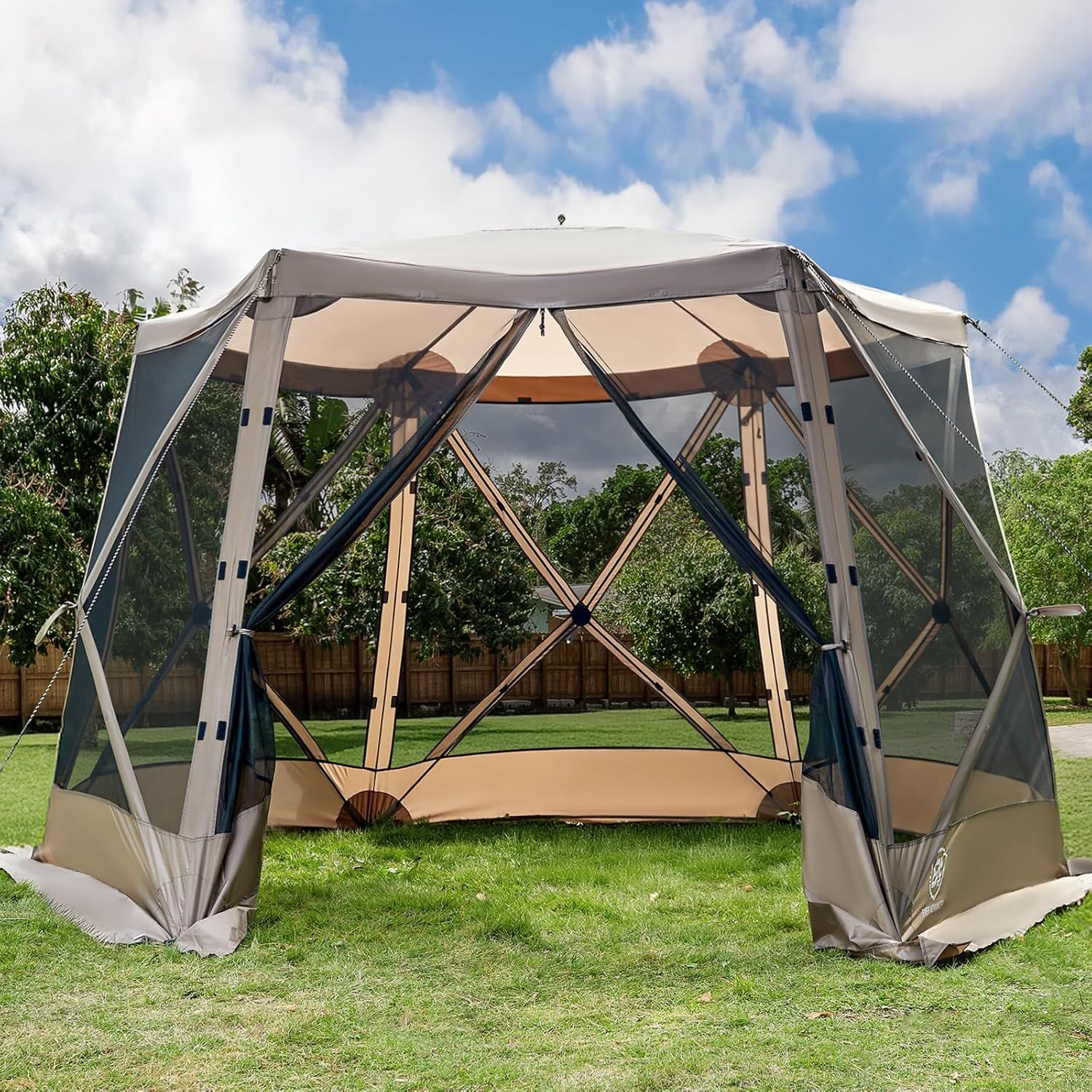 EVER ADVANCED Instant Pop-Up Gazebo Tent with Mosquito Netting, 11.5 x 9.8 ft Portable Canopy for Camping and Backyard, Khaki