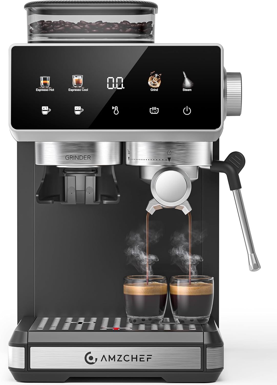 AMZCHEF 1400W Espresso Machine with Grinder & Milk Frother, Stainless Steel, LED Touch, Home Coffee Maker