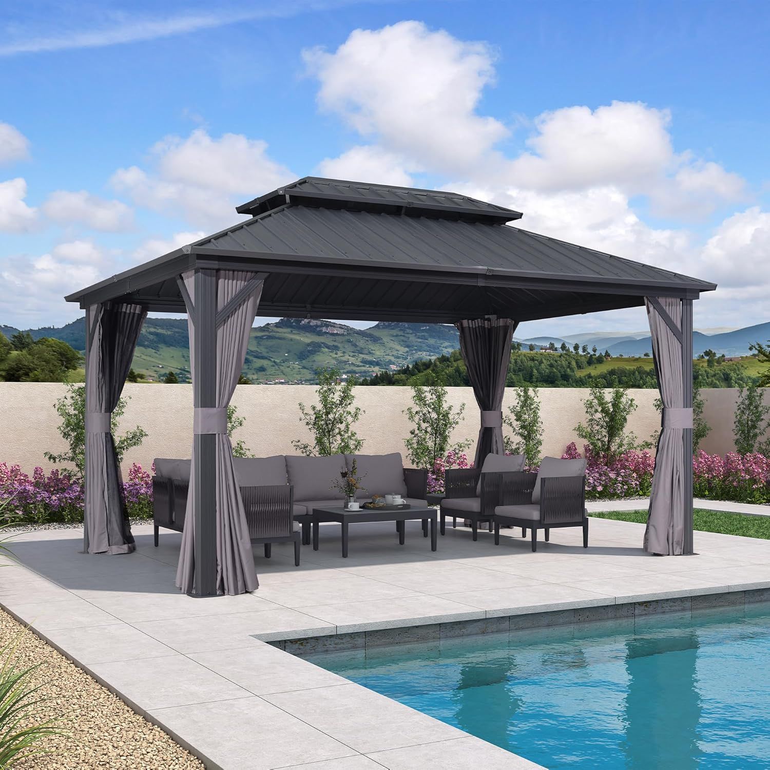 Purple Leaf 3m x 4.25m Aluminium Gazebo with Steel Hardtop, Curtains & Mosquito Nets - Grey