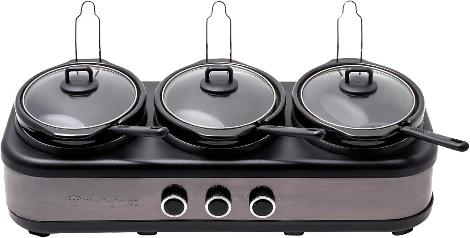 Westinghouse 2.5L Triple Slow Cooker in Stainless Steel with Spoon & Lid