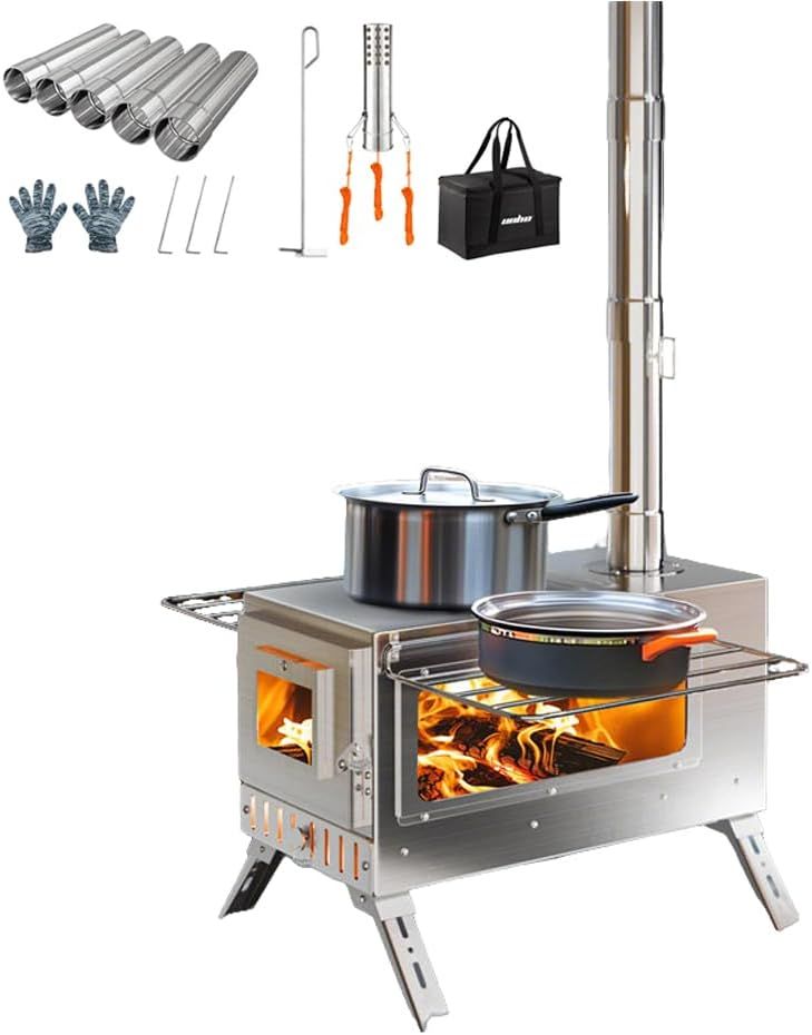 Portable Stainless Steel Wood Stove with Detachable Chimney Pipes for Outdoor Use - Ideal for Camping, Hunting, and Fishing