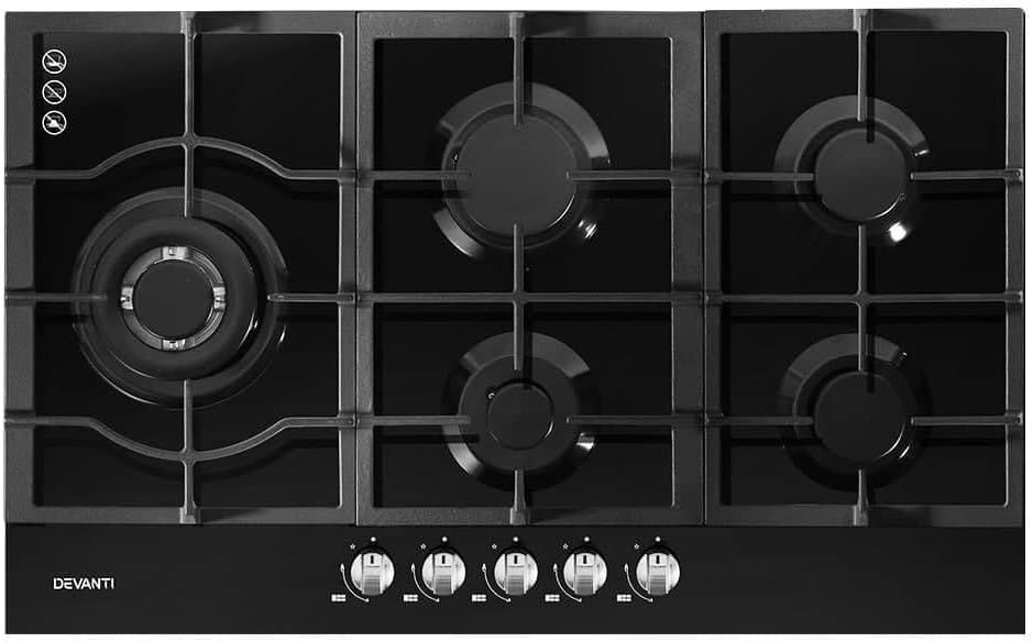 Devanti 90cm 5 Burner Gas and Electric Cooktop with Wok Burner, Stainless Steel and Glass Surface