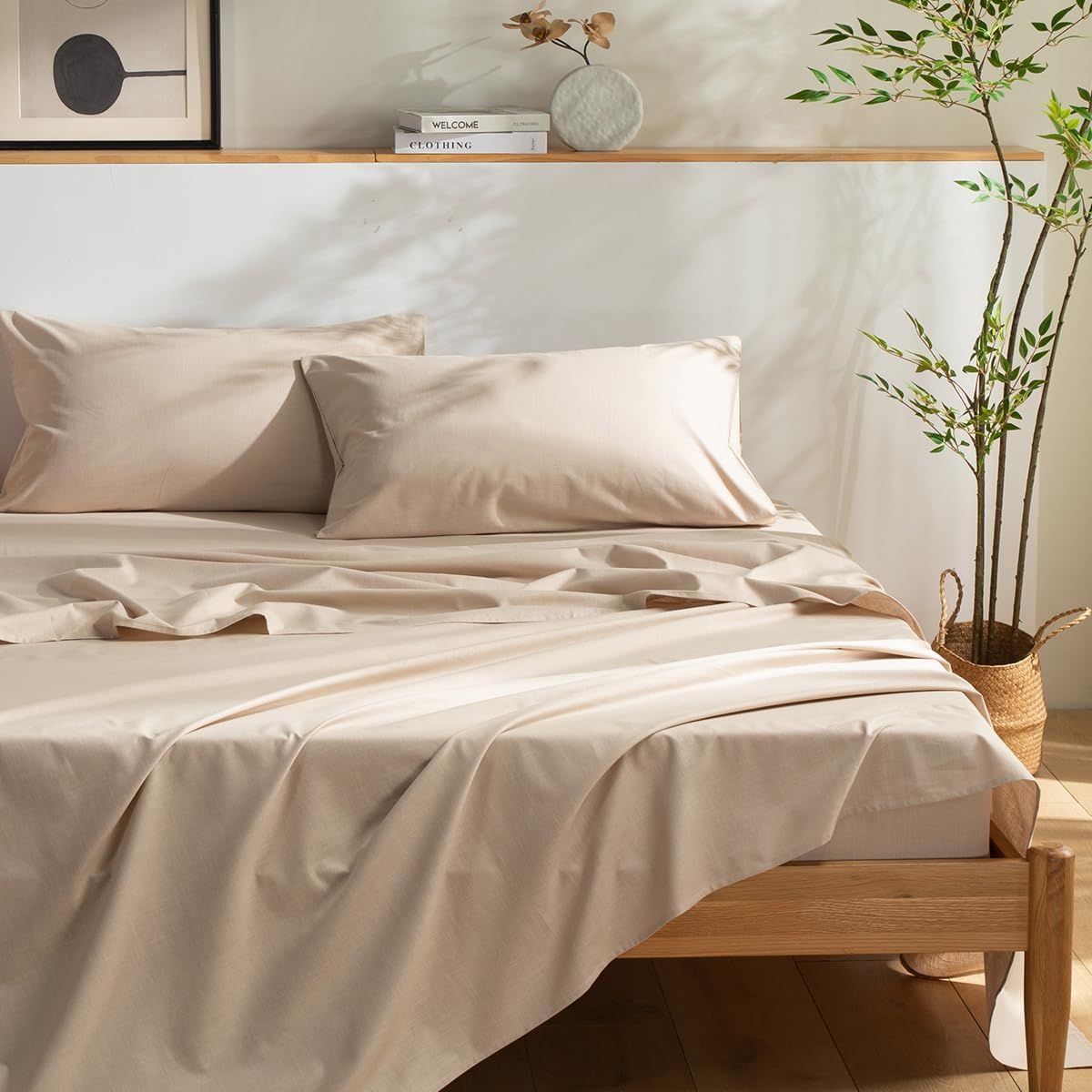 TUMEI Queen Size Stonewashed Cotton Linen Bedding Set, Deep Pocket, Natural Colour