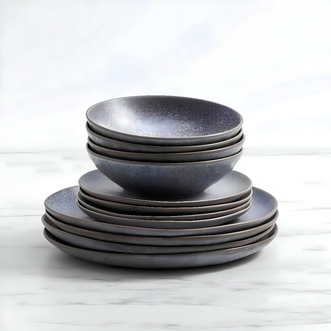 Salisbury & Co Siena Stoneware 12-Piece Dinner Set for 4 – Charcoal, Safe for Microwave & Dishwasher