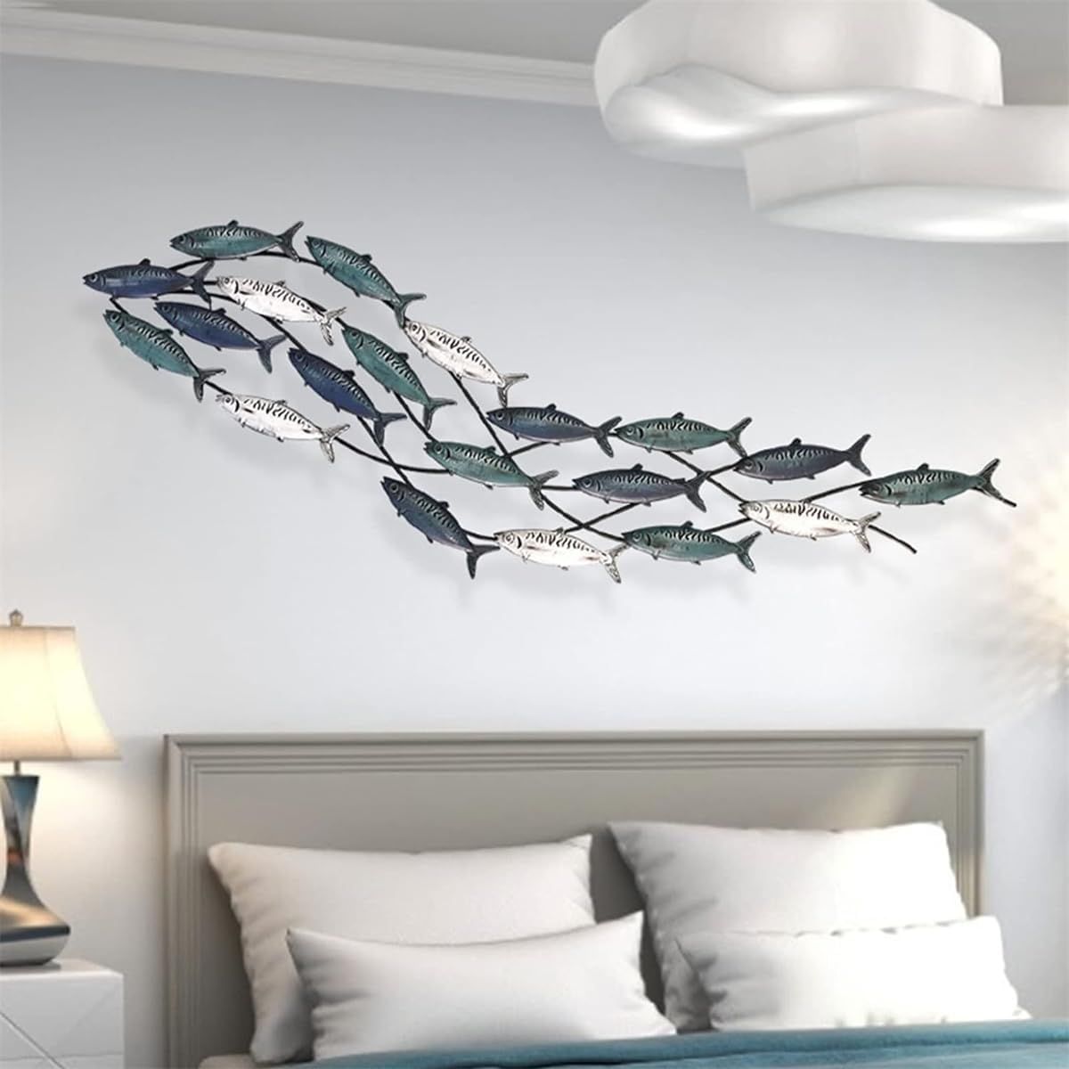 Large 3D Aqua Fish Wall Art Metal Sculpture - Coastal Theme Decor for Living Room or Bedroom, 59x16.5 Inch