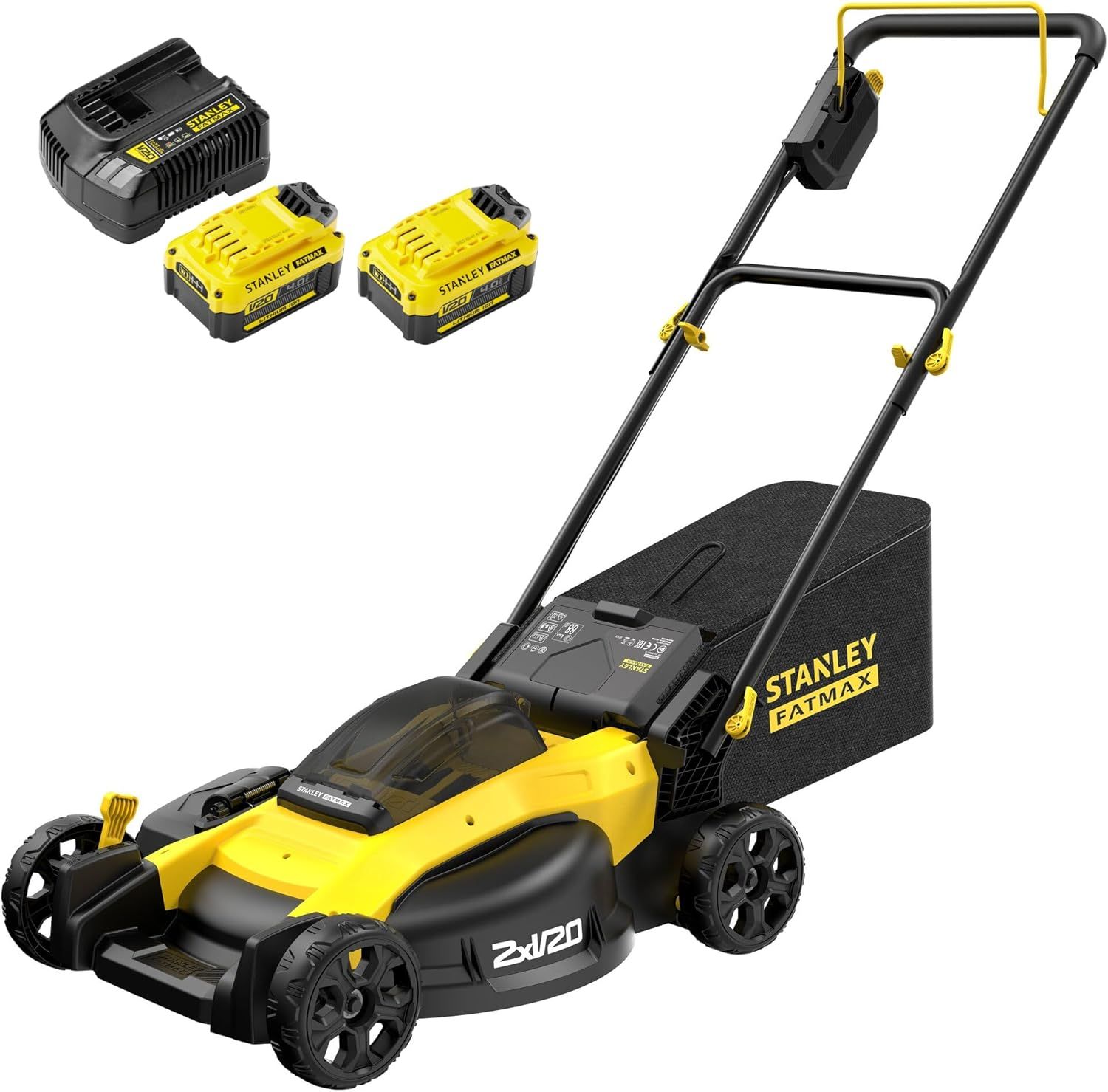 STANLEY FATMAX V20 36V Cordless Brushless Lawn Mower Kit with Dual 4.0Ah Batteries, 51cm Cutting Width, 3-IN-1 Functionality, 40L Grass Collector