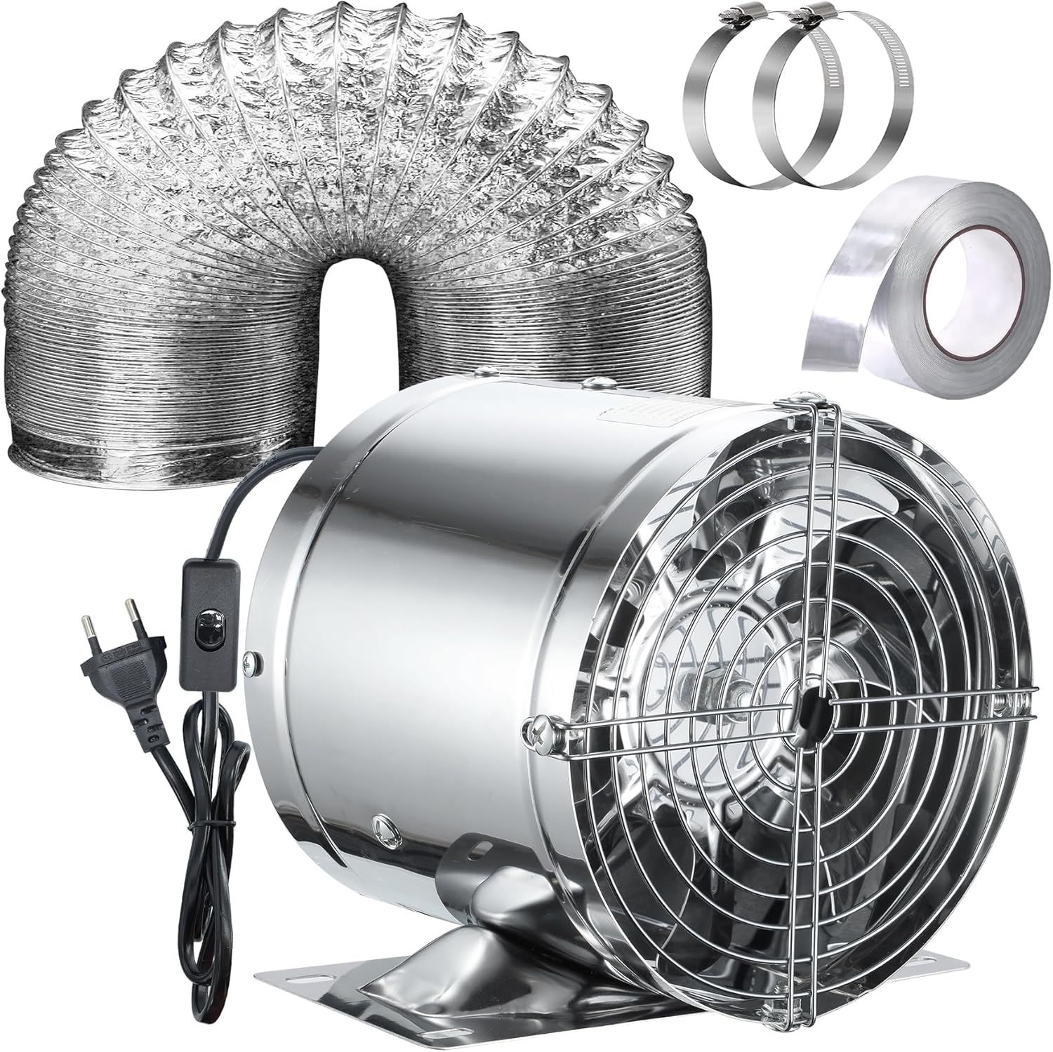 150mm Inline Ventilation Kit with Metal Fan and Pressure Switch, 2m Duct Hose for Bathroom, Garage, Greenhouse - Silver