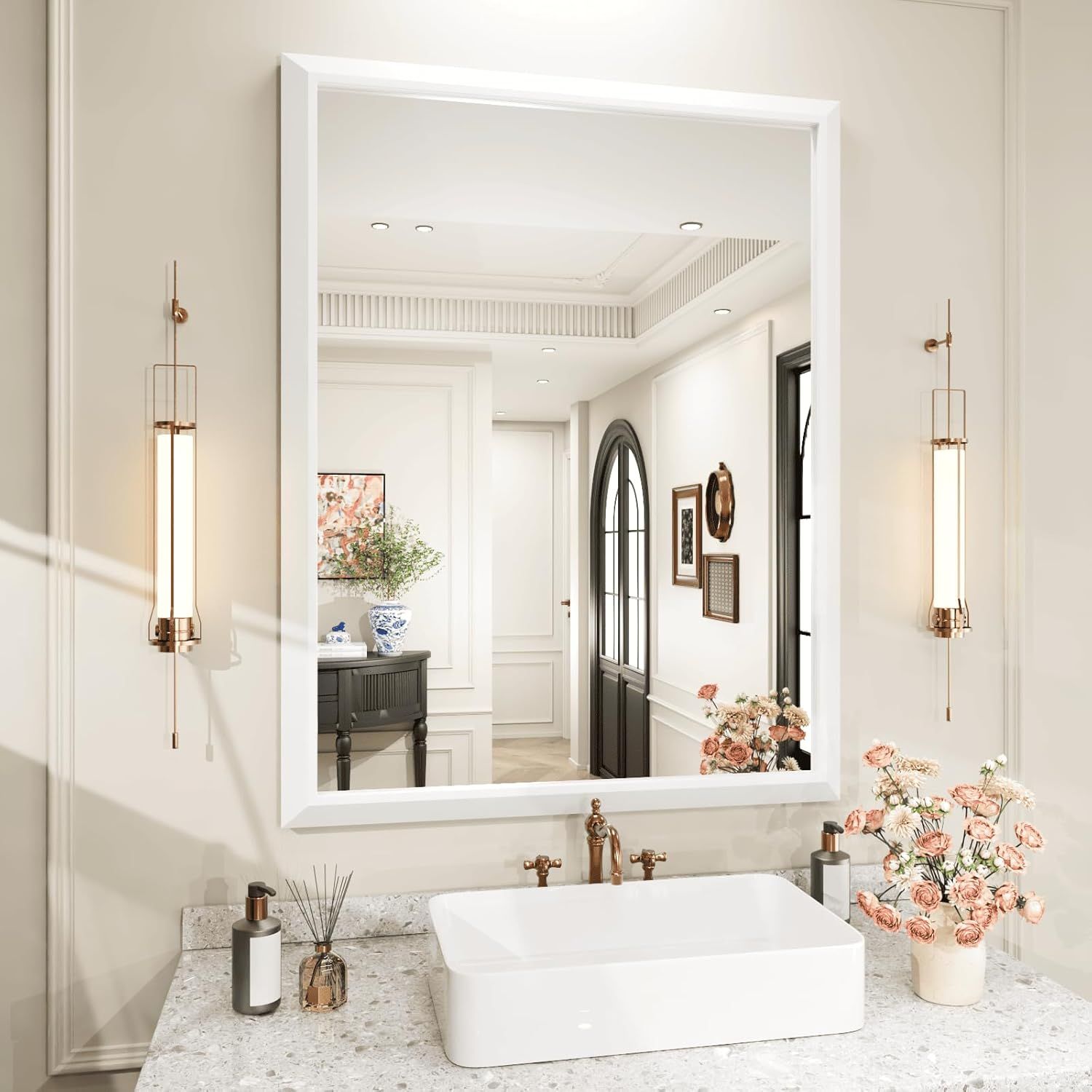 Amorho Rectangle Tempered Wall Mirror 71x91 CM, Shatter-Proof Metal Frame for Bathroom & More