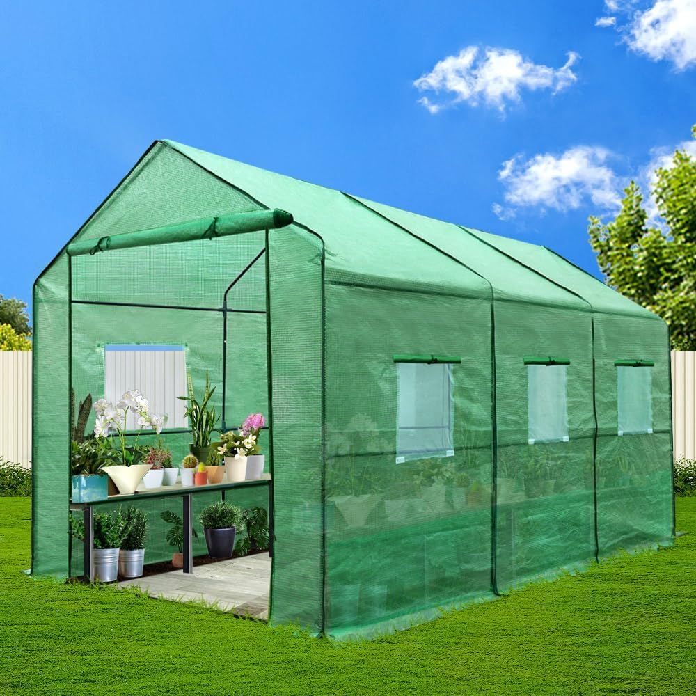 Durable Walk-In Garden Greenhouse with Steel Frame and PE Cover, 6 Vents, 350cm