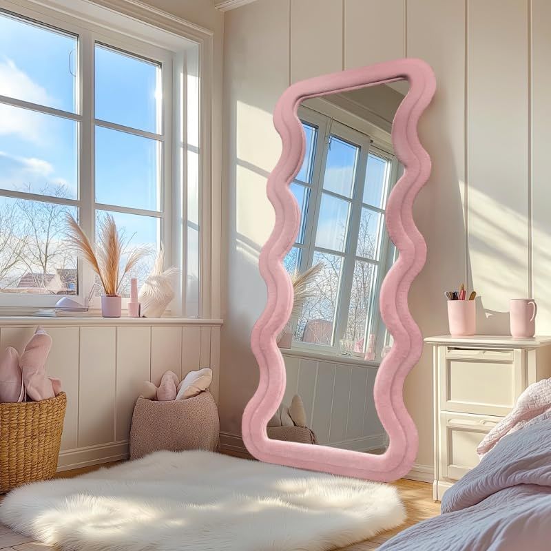 Contemporary Pink Wavy Velvet Full-Length Wall Mirror 160cm x 60cm