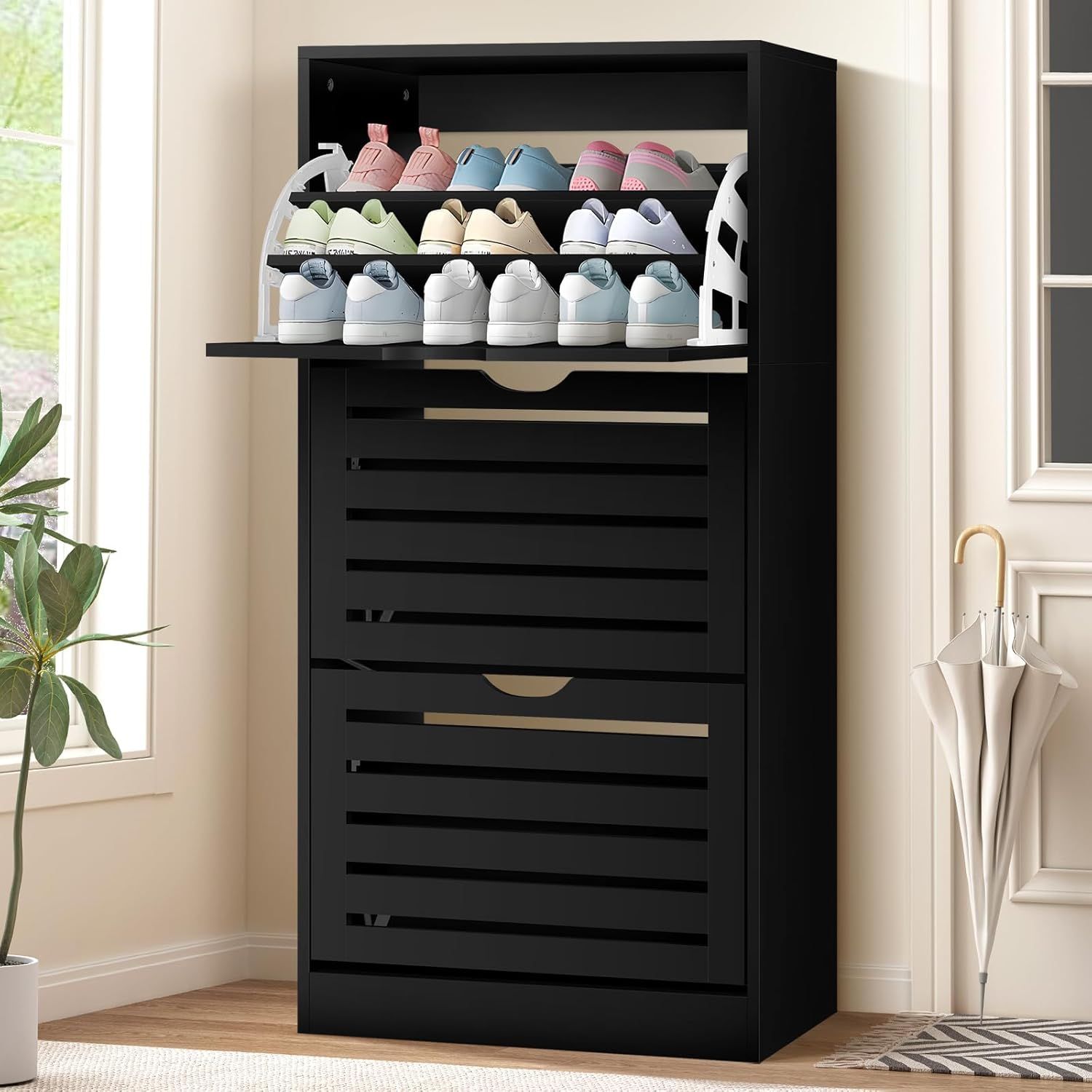 Alfordson Black 3-Tier Shoe Cabinet with Flip-Up Drawers and Adjustable Shelves