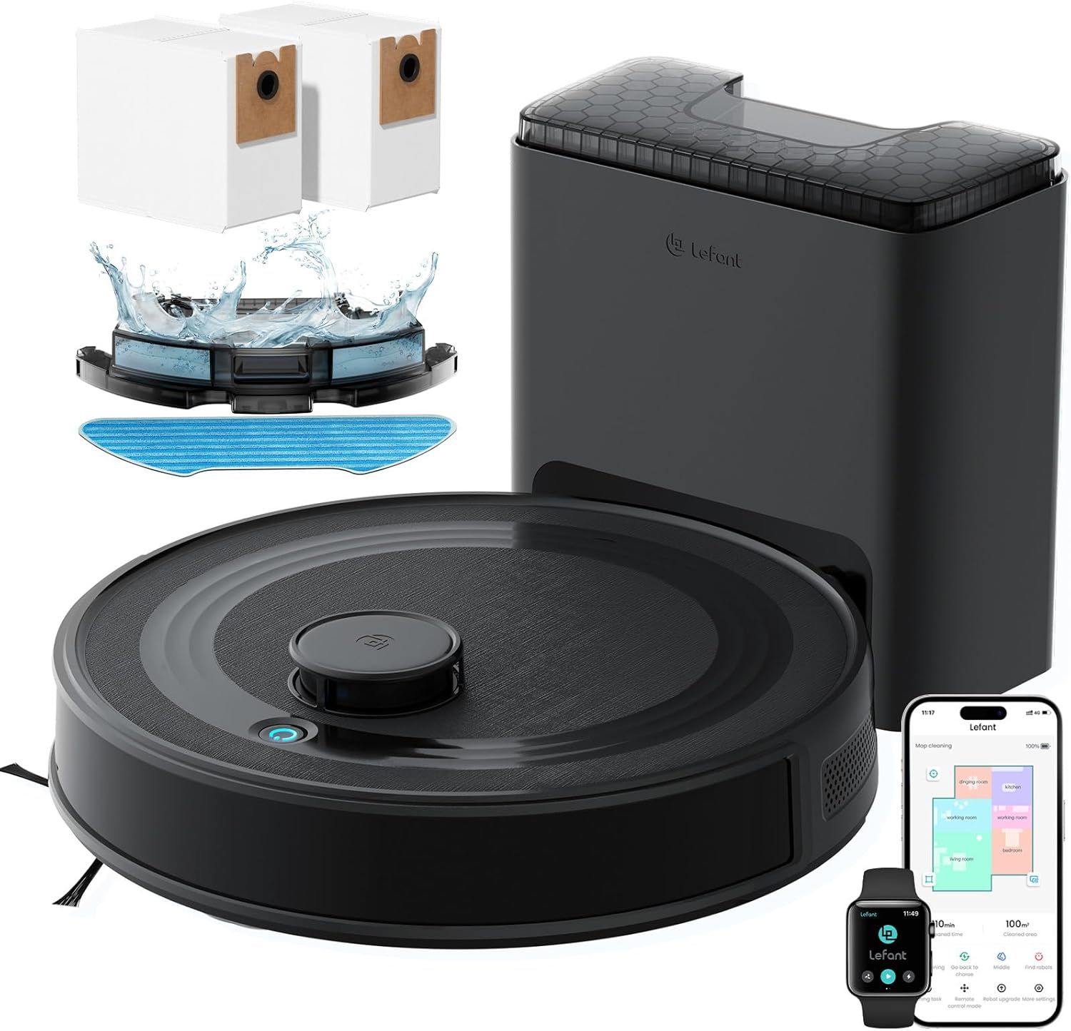 Lefant M2 Plus Robot Vacuum with Mop, 75-Day Auto Empty, 6000Pa Suction, Laser Navigation, Smart Mapping, WiFi Compatible, Black