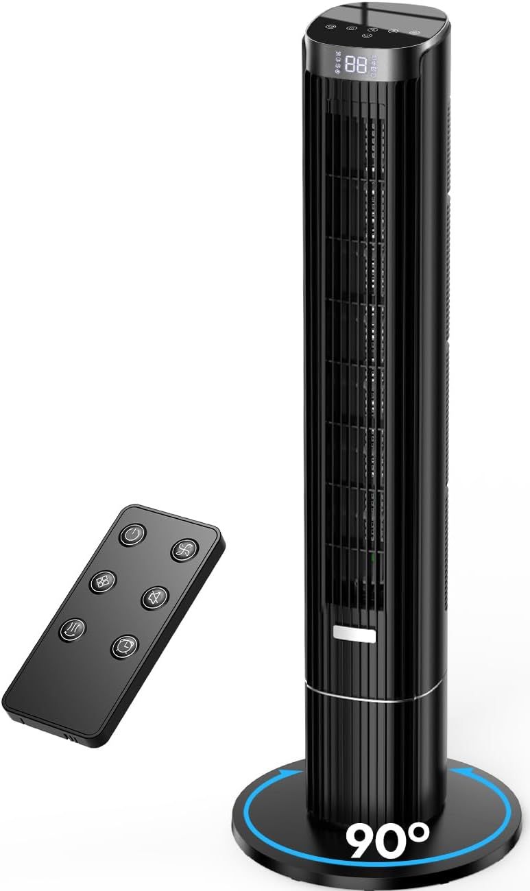 COOLECH 110CM Bladeless Tower Fan - 4 Speeds, Quiet 25dB, Remote Control, 90° Oscillation, 12H Timer, Auto Display Off, Energy Efficient