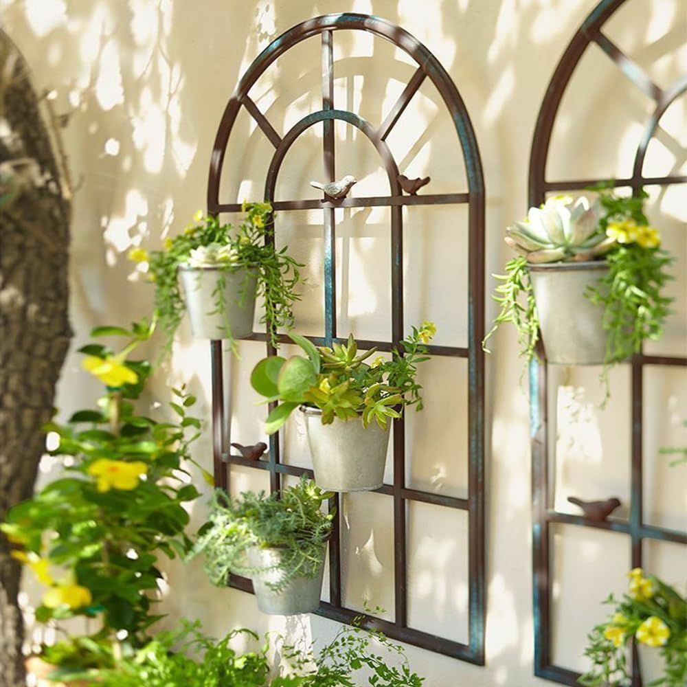 Large Metal Wall Art Planter Holder with French Window Design