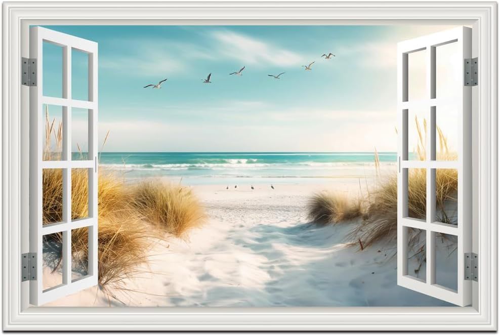 Coastal Seascape Canvas Art – Ocean and Reed Landscape Print for Living Room, Bedroom and Office Decor, 24x36 Inch