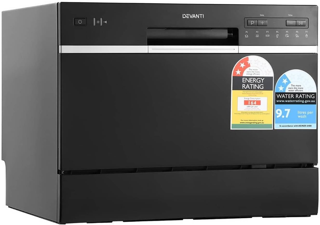 Devanti Countertop Dishwasher with LED Display, 6 Place Settings, 7 Wash Programs, Black