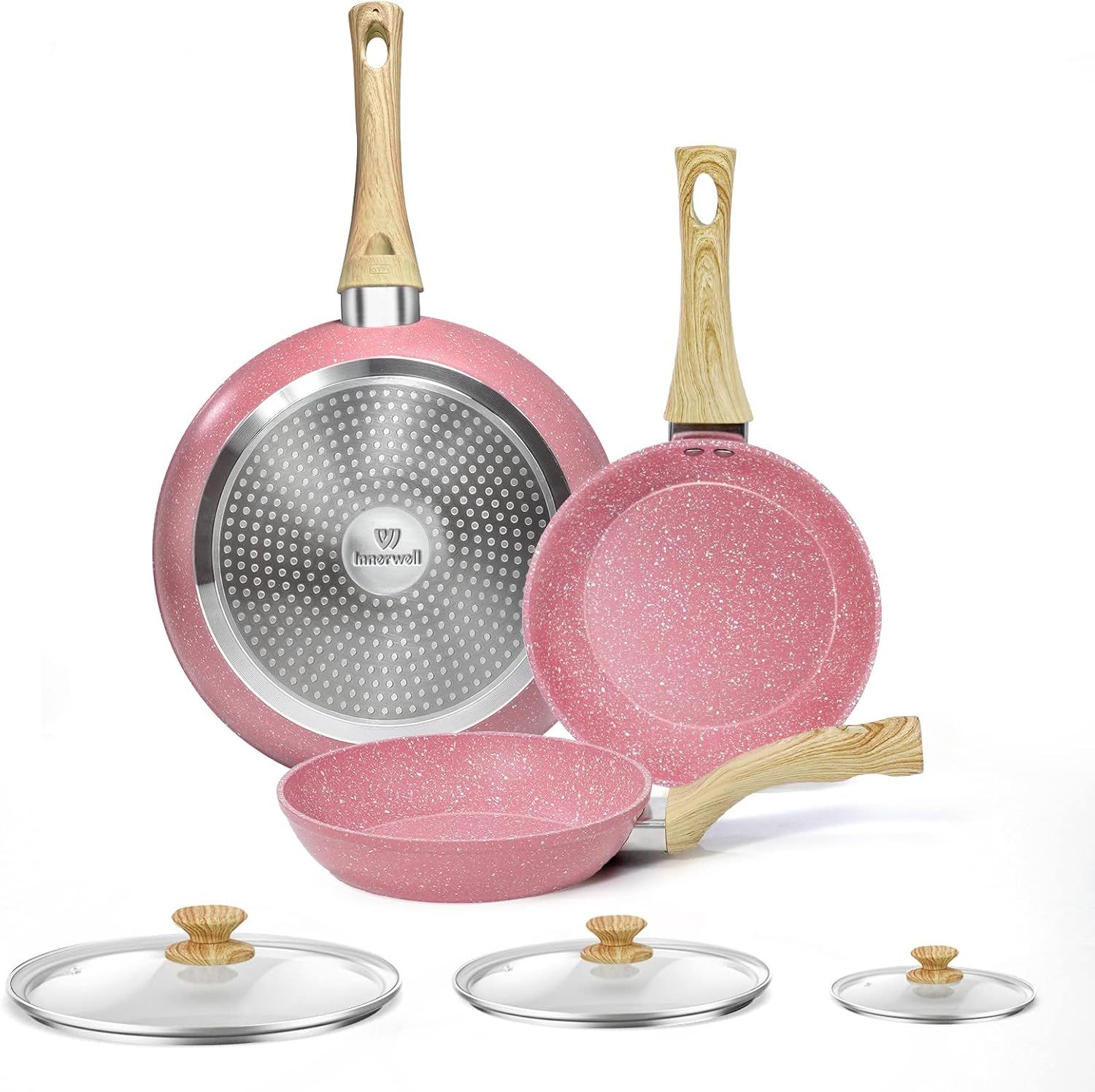 Nonstick Frying Pan Set, 8, 9.5 & 11 Inch PFOA-Free Skillets, Pink Stone Cookware for All Stovetops