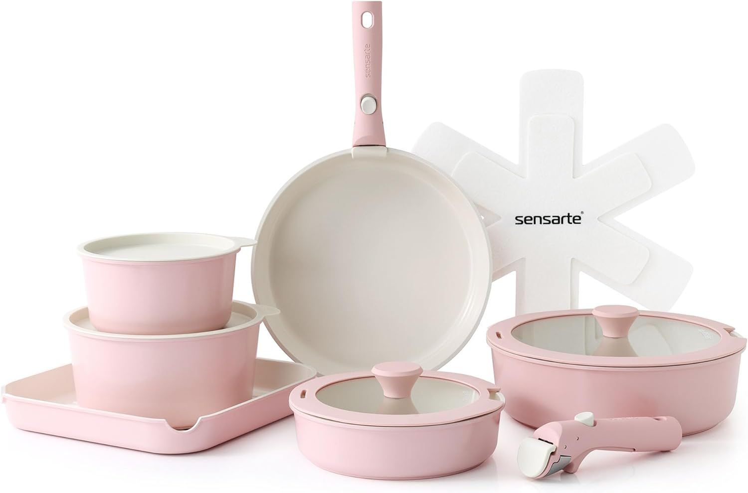 SENSARTE 17-Piece Non-Stick Ceramic Cookware Set with Removable Handle, Induction Compatible, Dishwasher & Oven Safe, Pink