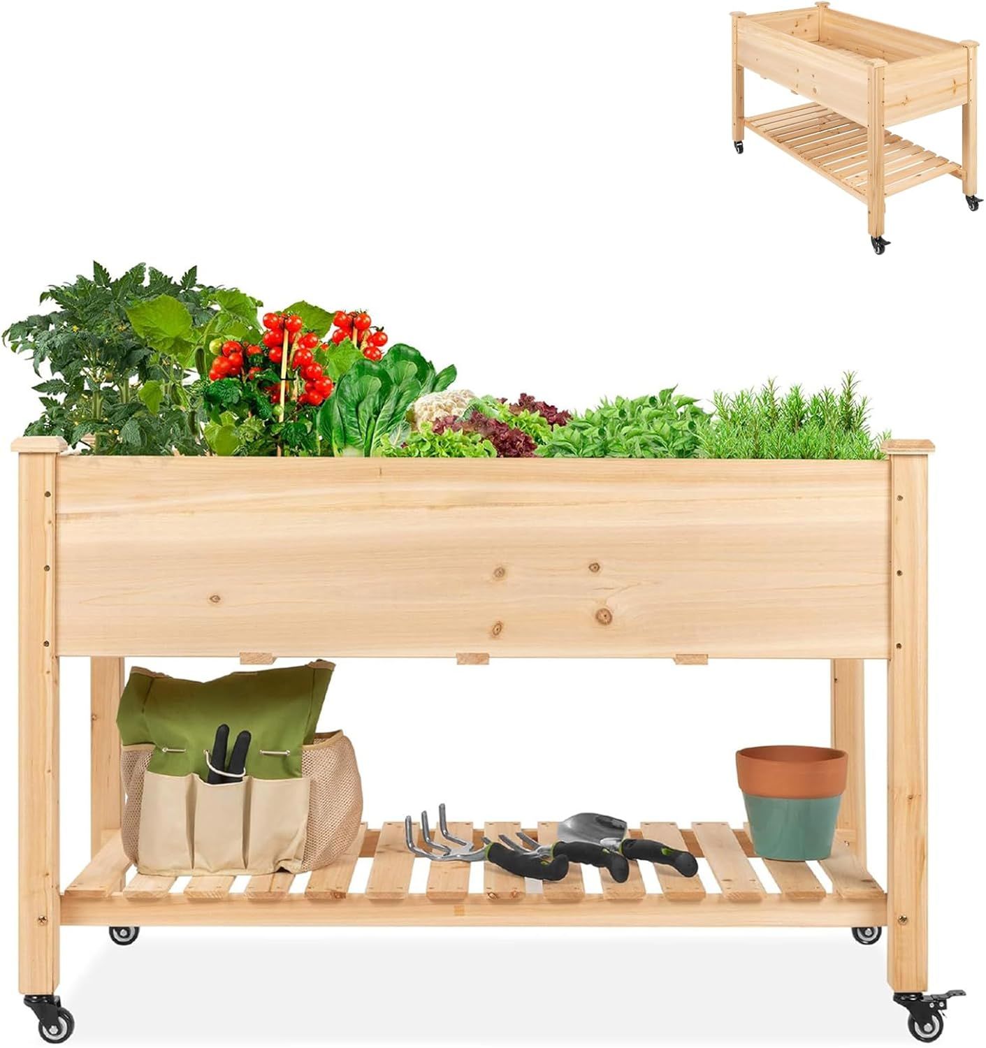 Mobile Wooden Raised Garden Bed with Wheels, 120x59x80CM Planter for Outdoors