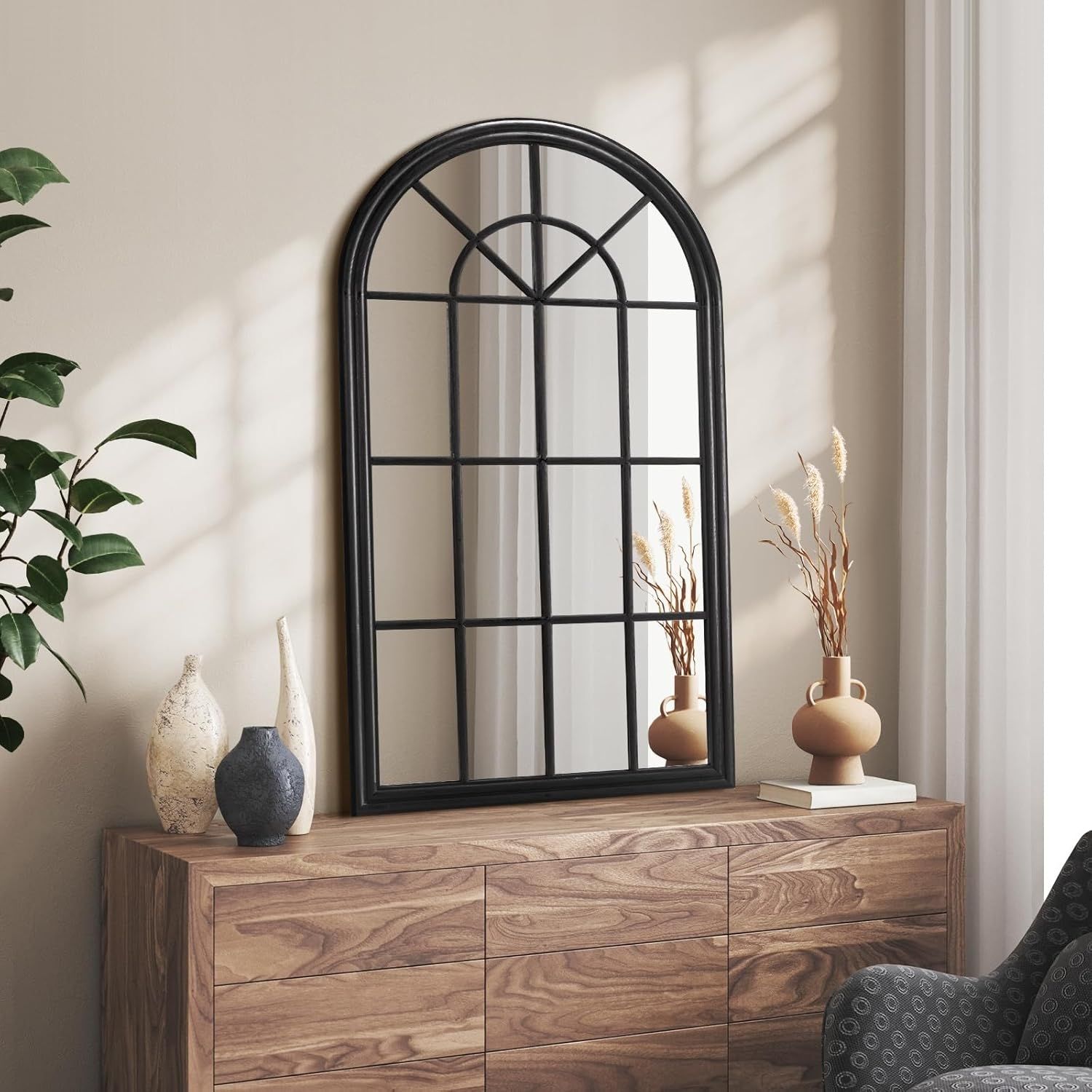 Oikiture Black Arched Wall Mirror 76 x 51cm for Living Room or Hallway