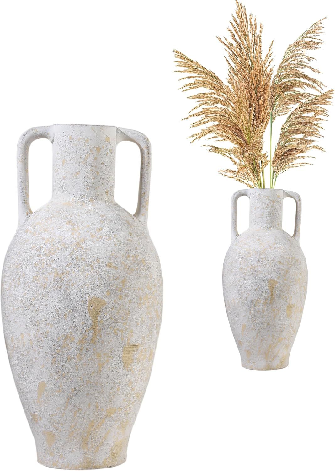 UPWOIGH Tall Vintage Ceramic Floor Vase, Antique White with Beige and Black Distressed Accents, Rustic Home Decor, 20.5in