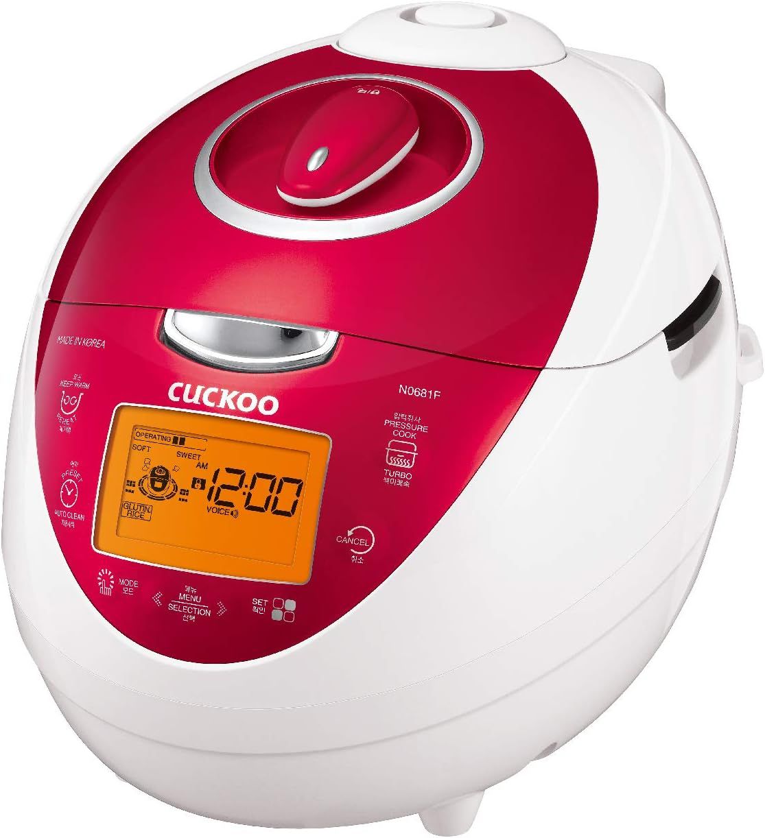 CUCKOO Multi-Functional Pressure Rice Cooker with 16 Programs, 6-Cup Capacity, GABA Mode, Timer, Red