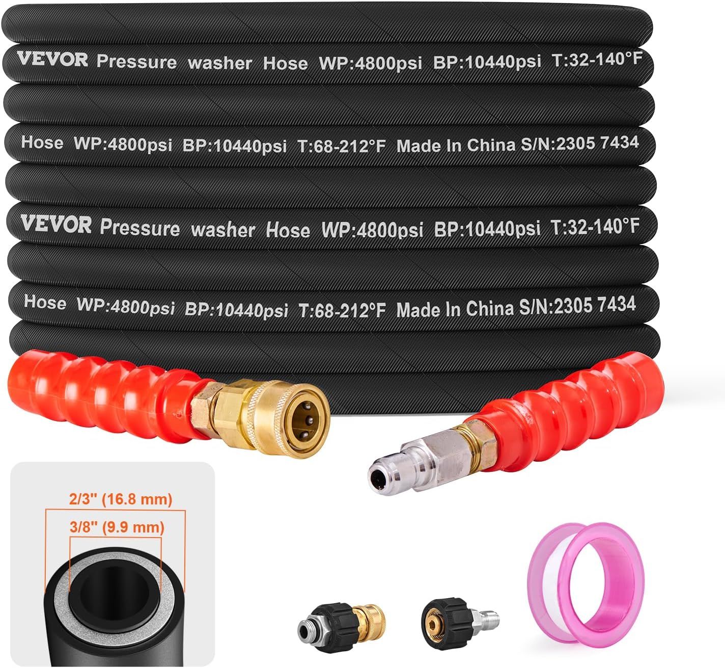 VEVOR 100FT 4800 PSI Pressure Washer Hose - 3/8 Inch Kink-Free Extension for All Brands