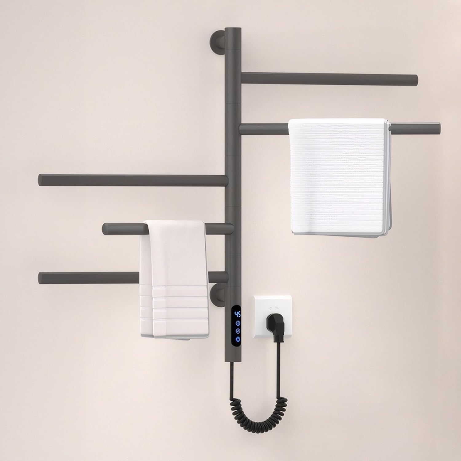 RODOVIA Electric Towel Warmer with 180° Swivel, Wall-Mounted Rack, Timer, 82W - Ideal for Home, Hotel, Spa (AU Plug)