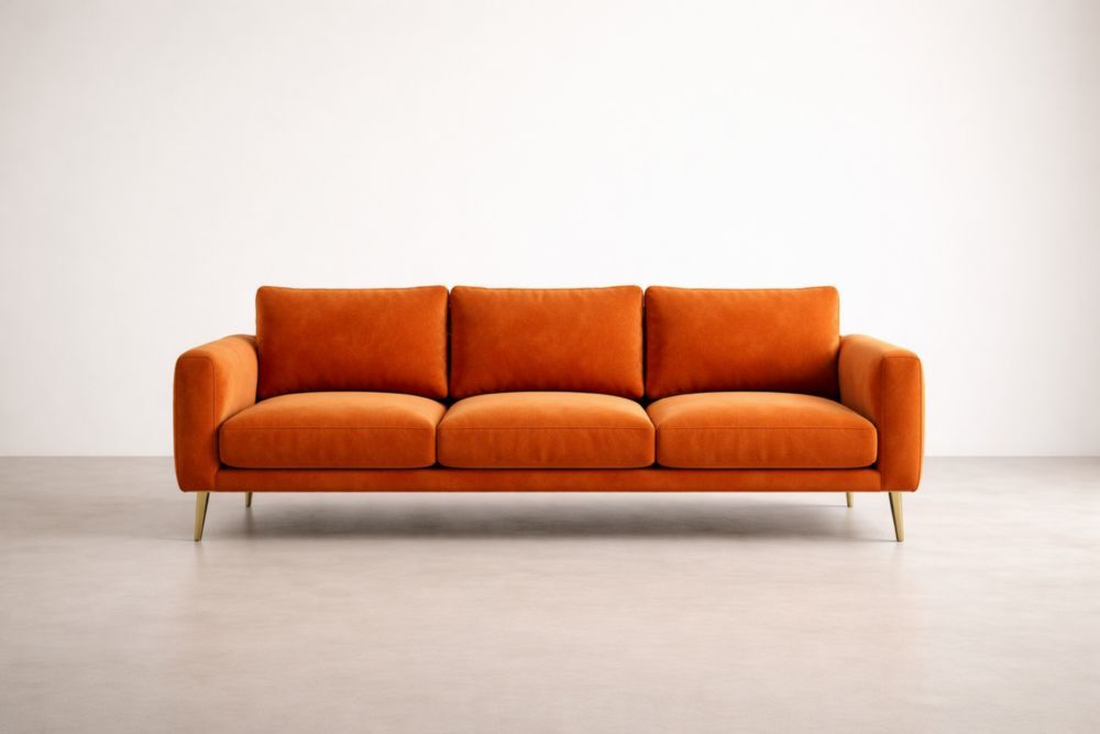 Orange Velvet Three-Seater Sofa with Steel Legs-Livorezza
