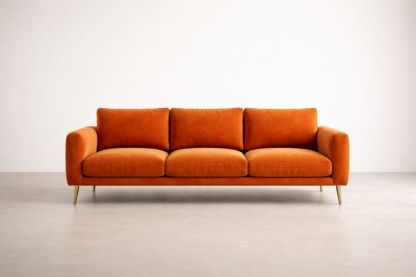 Orange Velvet Three-Seater Sofa with Steel Legs-Livorezza