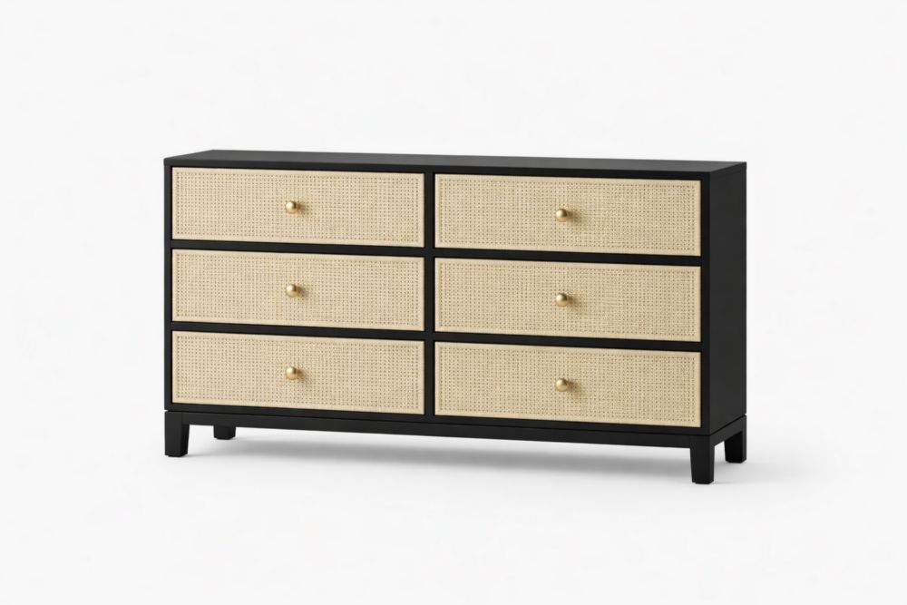 Wood Dresser with Cane Drawers Six Drawers Black Frame 120x90x40 cm-Livorezza