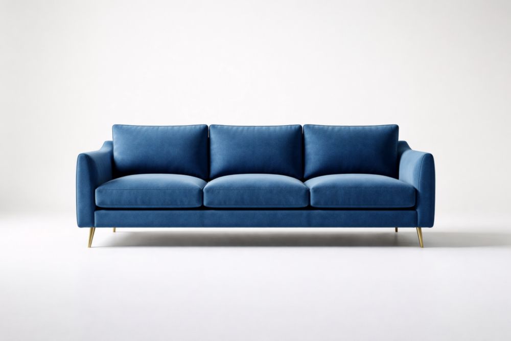 Blue Three-Seater Velvet Sofa with Gold Steel Legs-Livorezza