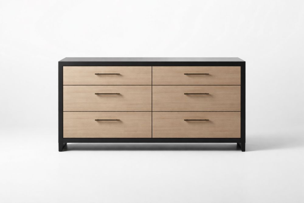 Solid Wood and Steel Frame Dresser with Six Drawers Black and Natural Finish-Livorezza