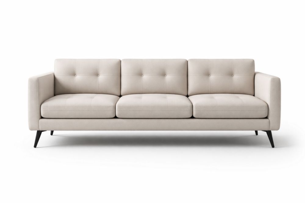 Beige Linen Three-Seat Sofa with Solid Wood Frame and Steel Legs-Livorezza