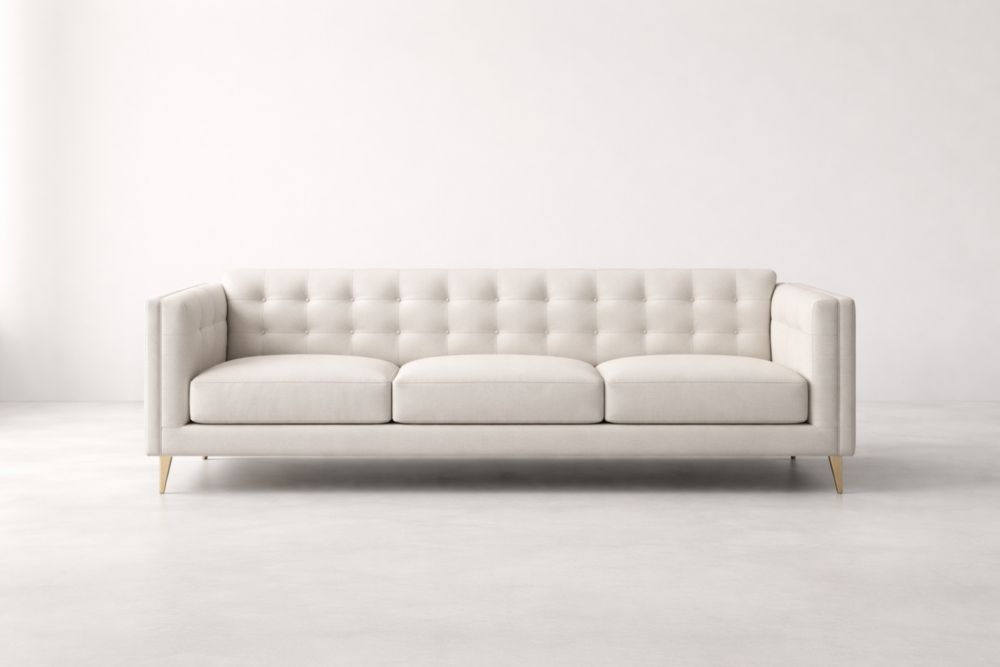 Three-Seater Tufted Fabric Sofa with Wooden Legs Cream-Livorezza